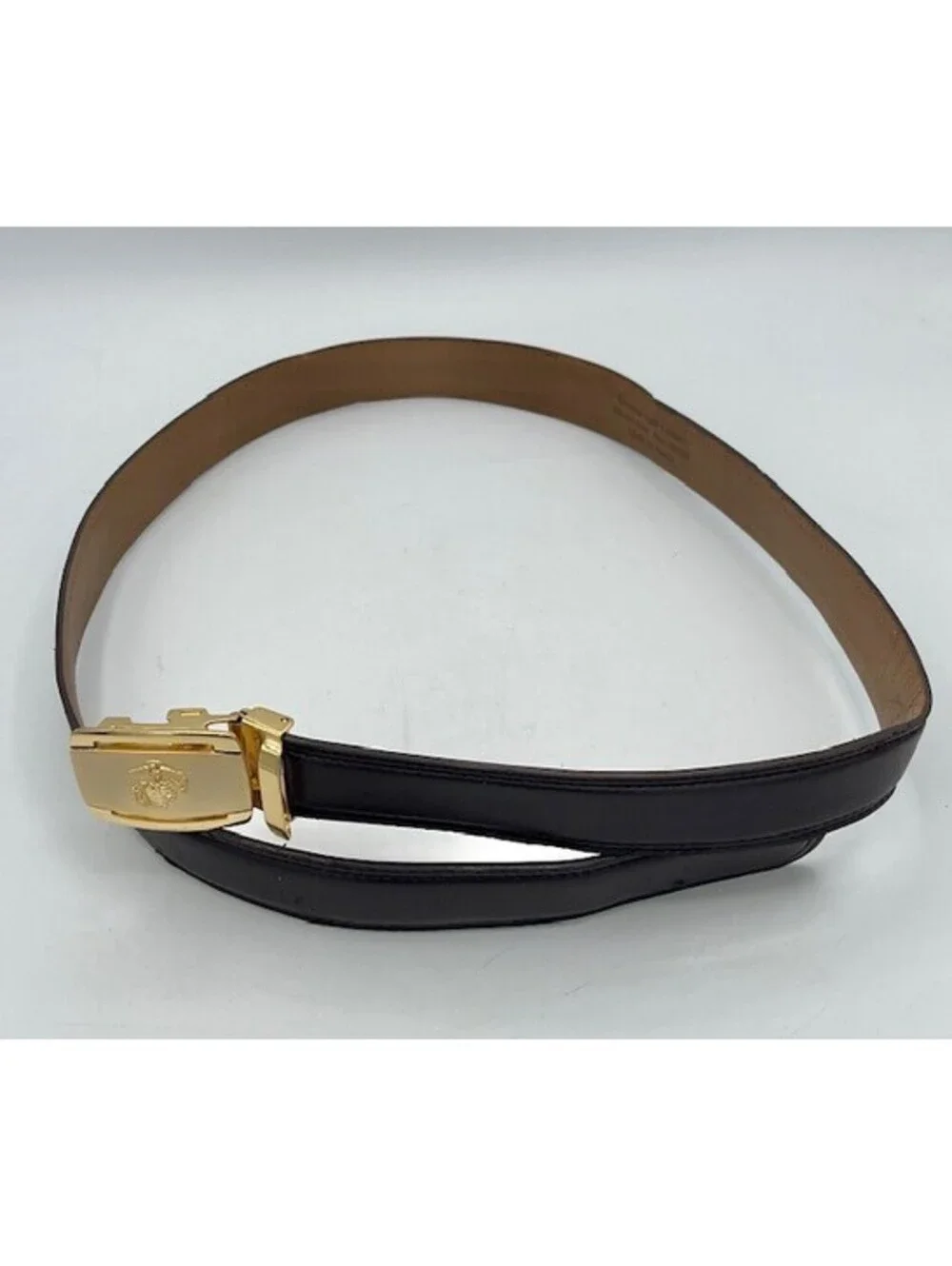 Brown Leather Belt Gold Finished Buckle With Eagl Globe & Anchor Emblem Size 48